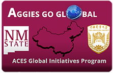 Aggie Go Global title screen contain NMSU logo, China Agricultural University logo and map of China