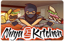 Image of ninja holding an apple on a tray with other foods in the background